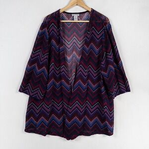 Catherines Sweater 1X Blue Pink Chevron Cardigan Open Front 3/4 Sleeve Stretch